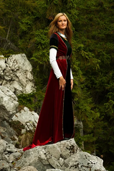 Bela fada mulher com longos cabelos loiros em um vestido histórico está de pé sobre rochas em meio a uma paisagem forestral de tirar o fôlego — Fotografia de Stock