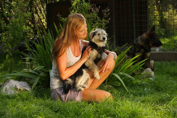 Una joven hermosa mujer con el pelo rubio está sosteniendo amorosamente un perro callejero en sus brazos en un jardín del patio trasero con hierba verde — Foto de Stock