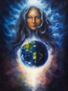 A beautiful oil painting on canvas of a woman goddess Lada as a mighty loving guardian and protective spirit upon the Earth clipart