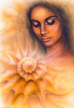 kapalı gözler giderek bir deniz kabuğu meditasyon ile genç bir kadın portresi güzel airbrush