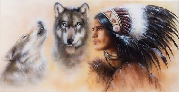 Painting of an young indian warrior accompanied with two wolves — Stock Photo, Image