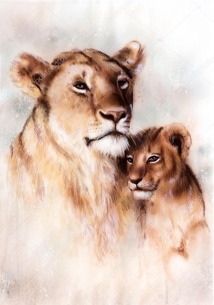 Beautiful airbrush painting of a loving lion mother and her baby cub