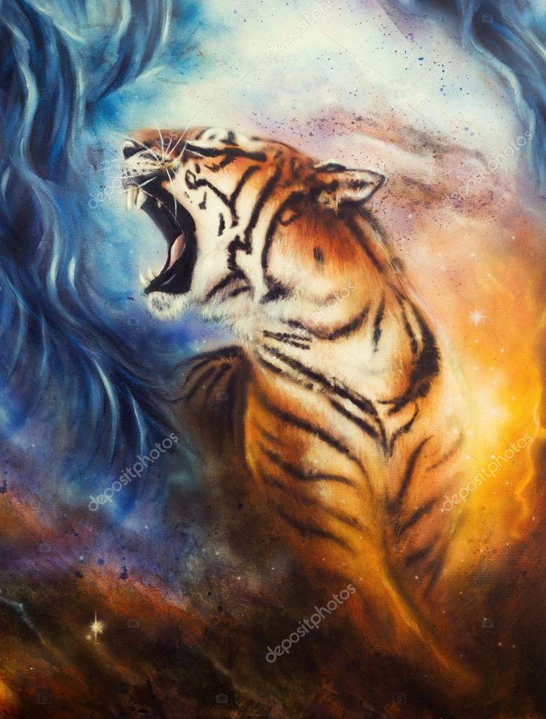 Close Up Portraits of roaring Bengal Tiger. Digital artwork Stock  Illustration, bengal tiger