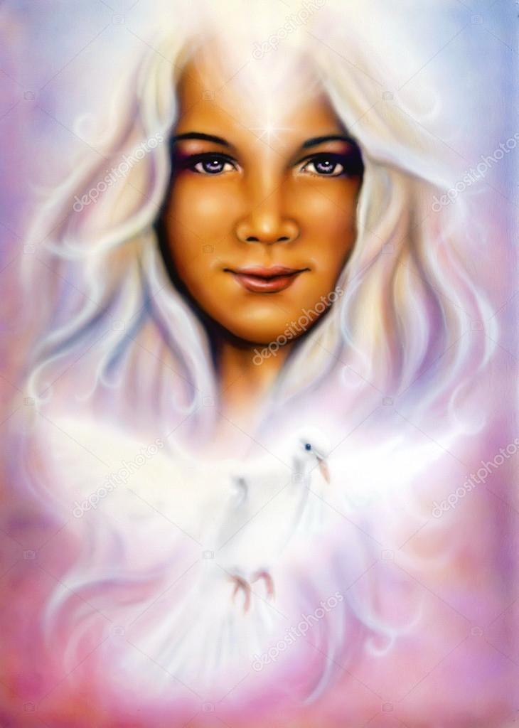 Young girls angelic face with radiant white hair and a shining dove