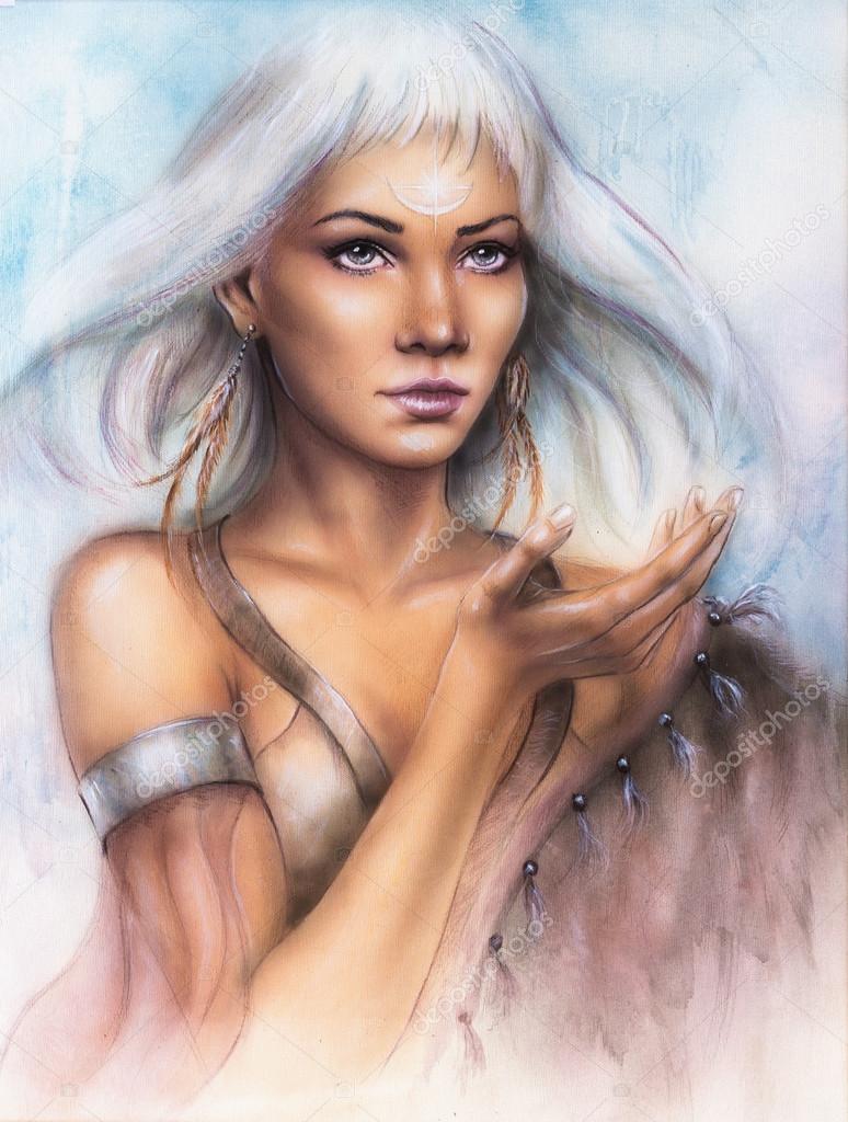 Beautiful airbrush portrait of a young enchanting woman warrior with feathers white shiny hair and a palm stretched