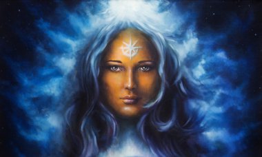 Spiritual painting, woman goddess with long blue hair holdingn eye contact clipart
