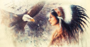 genç bir Hintli kadın bir görüntü kartal ruhları ile muhteşem tüy headdress giyiyor güzel airbrush boyama