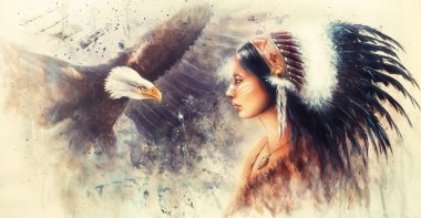 beautiful airbrush painting of a young indian woman wearing a gorgeous feather headdress, with an image  eagle spirits clipart