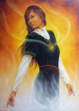 güzel resim yağlıboya Ortaçağ giyim içinde genç bir kadın kalbiyle turuncu zemin üzerine beyaz alevler gelen ışık ışınları ile