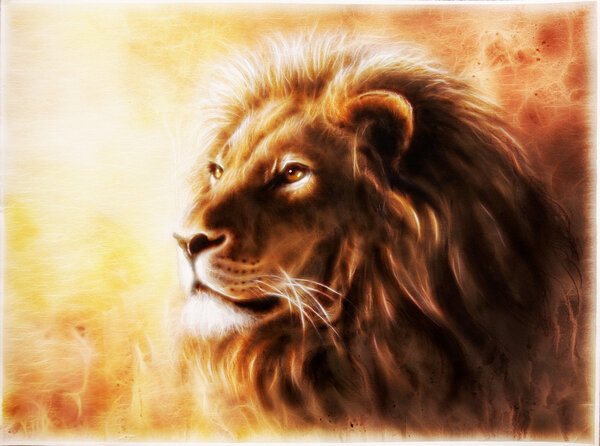 A beautiful airbrush painting of a profile portrait lion head with a majesticaly peaceful expression with fractal efect