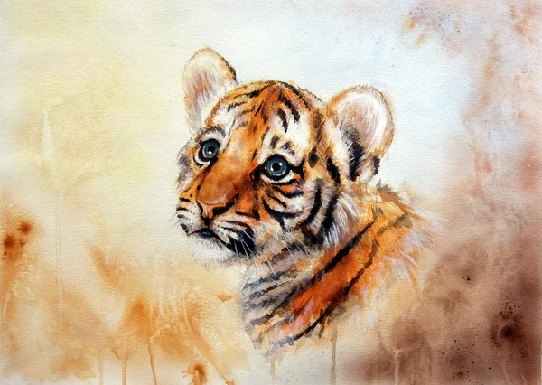 Painting of an adorable baby tiger head looking up, on abstract blurry background — Stock Photo, Image