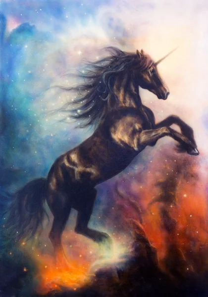 Painting of a black unicorn dancing in space — Stock Photo, Image