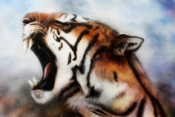 Bela pintura aerógrafo de um tigre rugindo poderoso emergindo de um fundo cosmical abstrato com luzes estelares — Fotografia de Stock