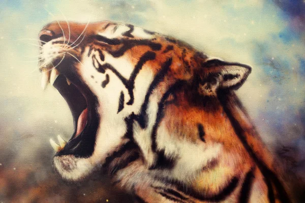 Bella pittura aerografo di una potente tigre ruggente che emerge da uno sfondo cosmico astratto con luci stellari — Foto Stock
