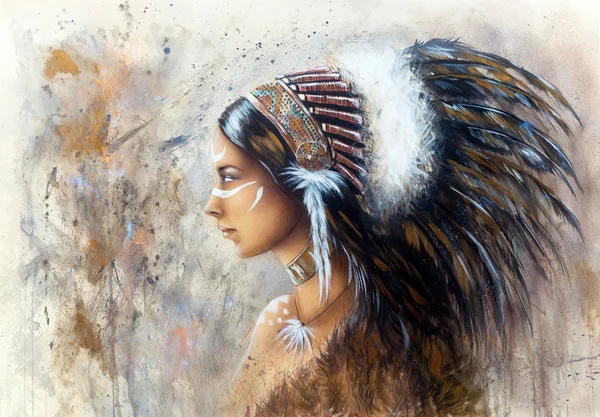 Painting of a young indian woman wearing a big feather headdress, a profile portrait on structured abstract background — Stock Photo, Image