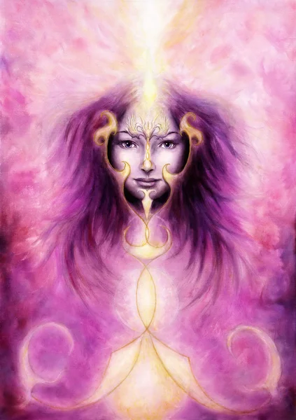 Beautiful painting of a violett angelic spirit with a womans face and golden ornaments, in clouds of purple energy and light — Stock Photo, Image