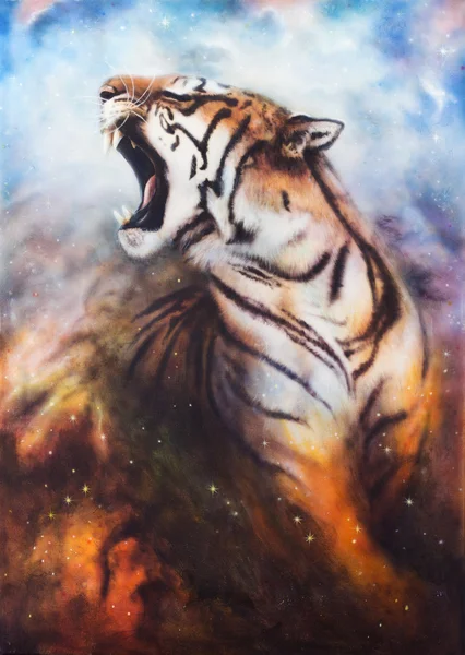 Tiger on the sky cosmical background with starlights — Stock Photo, Image