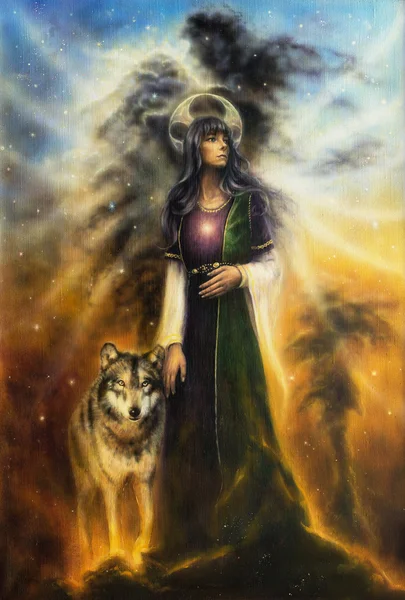 A beautiful oil painting on canvas of a mystical fairy priestess — Stock Photo, Image