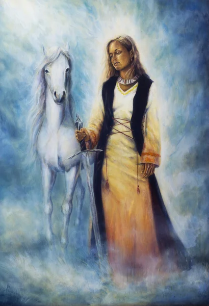 Mystical woman in historical dress holding a sword of silver, with a white horse as her protective companion at her side, on a misty grey sparkling background — Stock Photo, Image