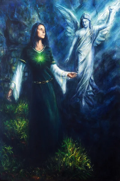 Painting of a mystical woman in historical dress having a vision — Stock Photo, Image