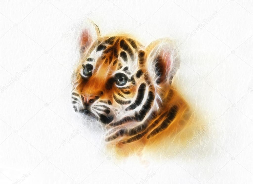 Adorable baby tiger head looking up on white background