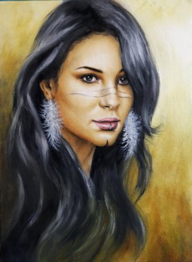 Tüy küpe ve uzun siyah saçlı genç bir büyüleyici kadın yüzü güzel airbrush portresi