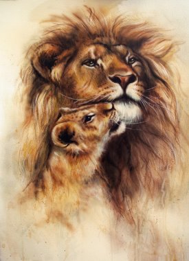 beautiful airbrush painting of a loving lion  and her baby cub clipart