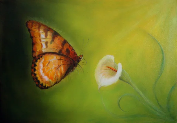 Ein schönes Ölgemälde auf Leinwand von einem Schmetterling, der sich einer Cala-Blume nähert — Stockfoto