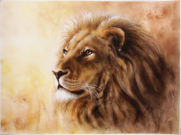 A beautiful airbrush painting of a lion head with a majesticaly peaceful expression