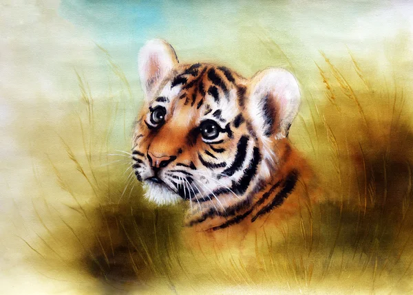 A beautiful airbrush painting of an adorable baby tiger head looking out from a green grass surroundings — Stock Photo, Image