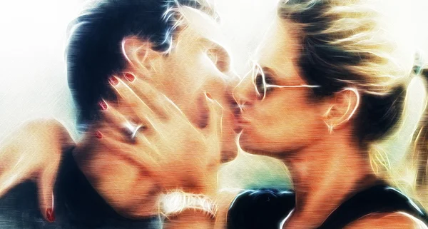 Passionné Valentin amour baiser d'un jeune couple romantique, peinture sur papier, profil portrait effet fractal — Photo
