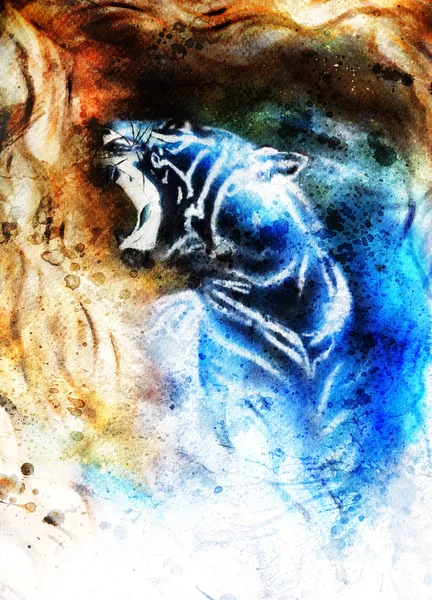 Paintinpainting abstraktní tygr koláž na barevný prostor pozadí, zvířata volně žijící zvířata. — Stock fotografie