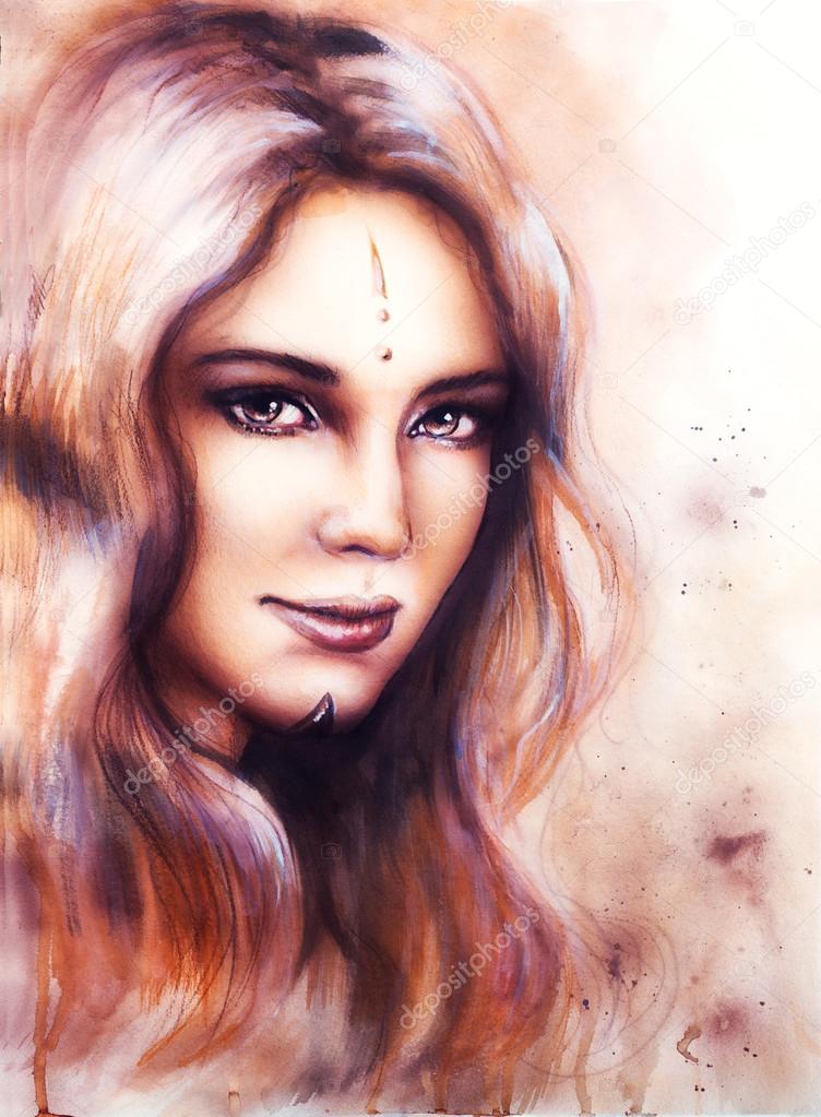 portrait of a young enchanting woman face with long wavy hair and a hint of woodland fairy wisdom sparkling in her eyes