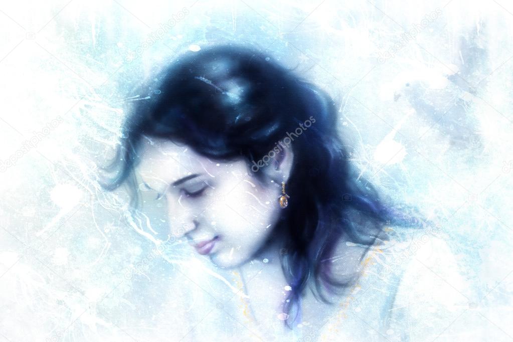 Young woman and a dove, in twinkling starlight immersed, frozen snowflake background