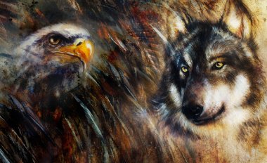 Wolf and eagle color painting, feathers background, multicolor collage illustration.