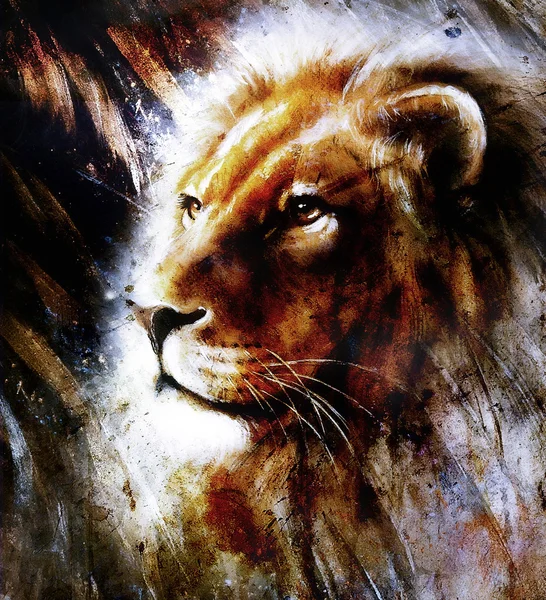 Aslan portre kuş tüyleri desen ve pas doğurur, siyah, altın, beyaz renk renkli arka plan üzerinde