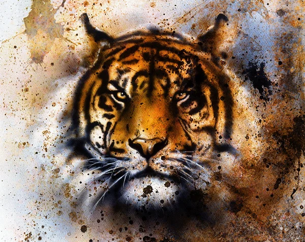 Collage de tigre sobre fondo abstracto de color, estructura de óxido, animales de vida silvestre, contacto visual . — Foto de Stock