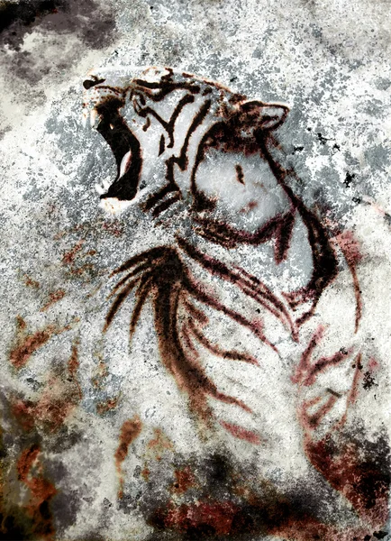 Malerei abstrakte Tiger-Collage auf abstraktem Hintergrund, Roststruktur, Wildtiere — Stockfoto