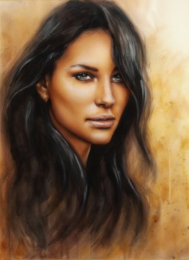 Uzun siyah saçlı genç bir büyüleyici kadın yüzü güzel airbrush portresi