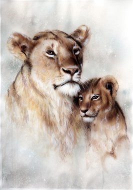 A beautiful airbrush painting of a loving lion mother and her baby cub