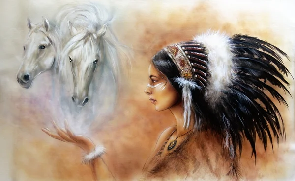 Beautiful airbrush painting of a young indian woman wearing a gorgeous feather headdress, with an image of two white horse spirits hovering above her palm — Stock Photo, Image