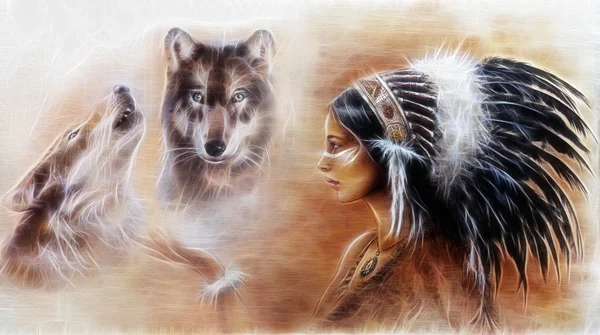 Mooie airbrush schilderij van een jonge Indiase vrouw die een prachtige veer hoofdtooi, met een afbeelding van twee wolfs geesten zweven boven haar palm — Stockfoto