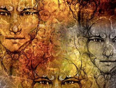 yapının arka plan ve süs mistik yüz, kolaj