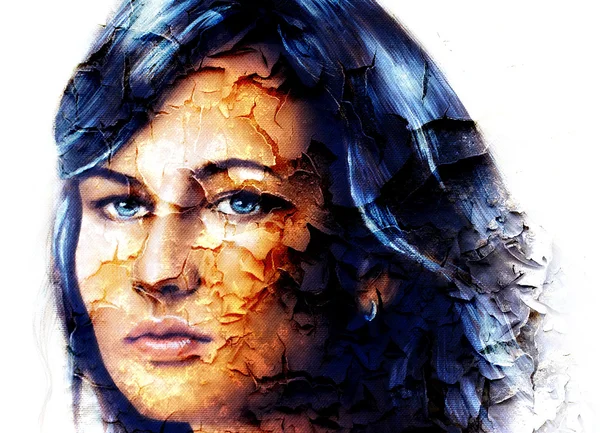 Mystic face women, with structure crackle background effect, collage. eye contact — Stock Photo, Image