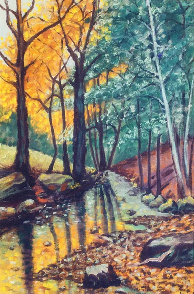 Paisagem pintura a óleo com rio na floresta de outono — Fotografia de Stock
