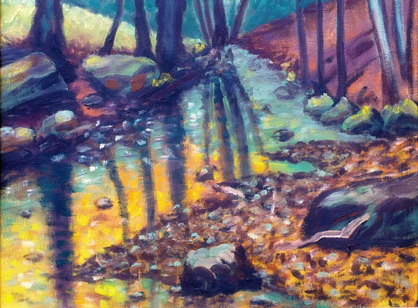 Rivière dans la forêt d'automne, peinture à l'huile . — Photo