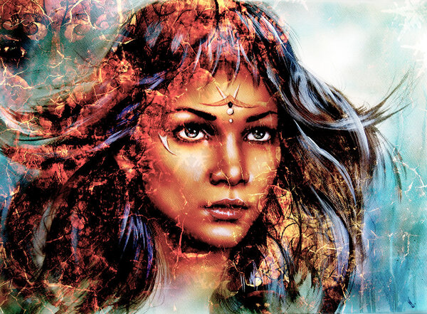  woman  mystic face, structure background,fire effect, collage