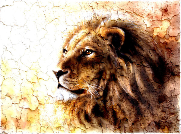 Beautiful painting of a lion head with a majesticaly peaceful expression desert pattern.