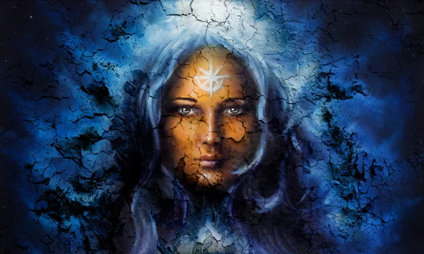 Mystic face women, with structure crackle background effect, with star on forehead, collage. eye contact . — Stock Photo, Image