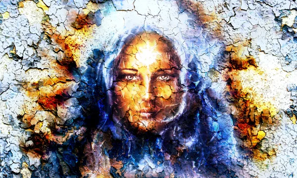 Mystic ansikte kvinnor, med struktur spraka bakgrund effekt, med stjärna på pannan, collage. ögonkontakt — Stockfoto